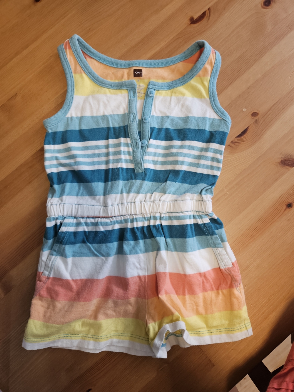 Tea Collection - Striped Tank Romper in Teal, Blue, Yellow & White -size 4